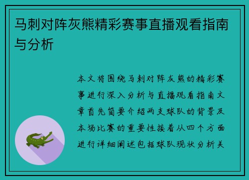 马刺对阵灰熊精彩赛事直播观看指南与分析